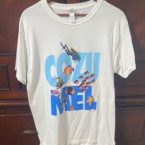 White Cozumel Graphic T-Shirt with Blue and Multicolor Design